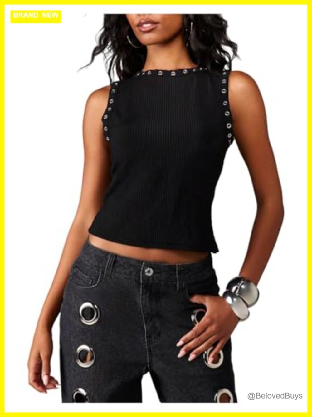 Ribbed Knit Grommet Tank Top Mock Neck Sleeveless Summer Crop Top
